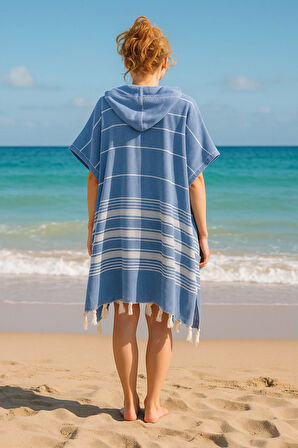 Pamuklu Yetişkin Peştemal Panço Bornoz Plaj Havlusu Mavi