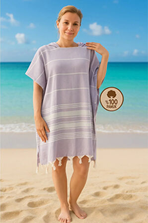 Adelya Pamuklu Yetişkin Peştemal Panço Bornoz Plaj Havlusu Lila