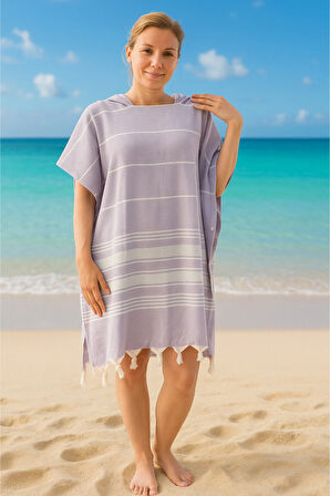 Adelya Pamuklu Yetişkin Peştemal Panço Bornoz Plaj Havlusu Lila