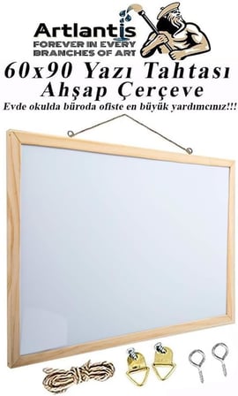 Duvara Monte Beyaz Yazı Tahtası 60x90 cm 1 Adet Laminant Yazı Tahtası Ahşap Çerçeveli Askılı Okul Ofis Büro