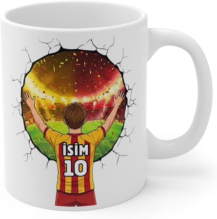 Türkiye'de Tek Futbol Toplu 3D Tasarım Kupa Bardak/Kişiye Özel Kupa Bardak/Sarı Kırmızı/Sarı Laciver/Siyah Beyaz Taraftar (Beyaz GS)