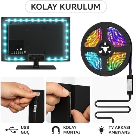 TV ve PC Arkası RGB Şerit LED Işık Seti - 3 Metre, USB Girişli, Kumandalı, 352 Renk Seçeneği, IP20 İç Mekan, 4W Düşük Enerji Tüketimi ct4566