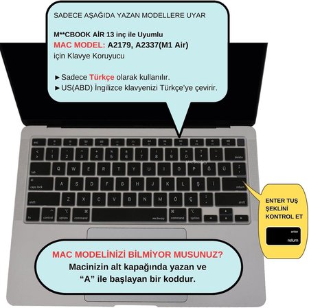 Türkçe Q Klavye Koruyucu MacBook Air 13 A2179 A2337 M1 Uyumlu | US ANSI Düz Enter | Ultra İnce Silikon Keyboard Cover Siyah