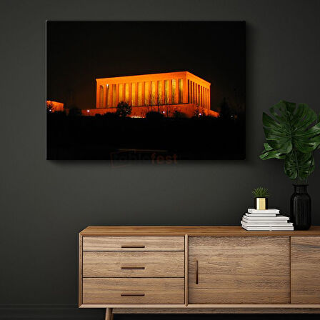 Gece Anıtkabir - Turuncu Işıklı Mimari Kanvas Tablo