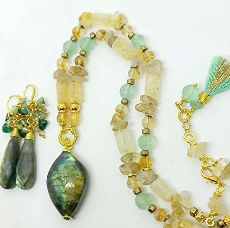 2488 Labradorit Sitrtin Kuvars Florit el yapımı kolye