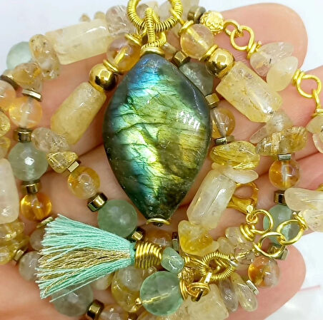 2488 Labradorit Sitrtin Kuvars Florit el yapımı kolye