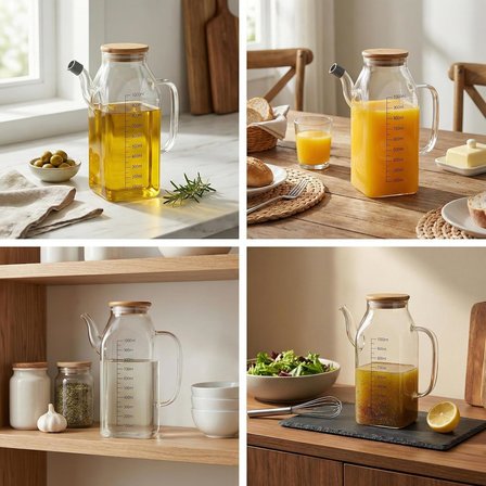 1000ml Bambu Kapaklı Cam Yağlık ve Sirkelik – Dayanıklı ve Şeffaf Sıvı &amp; Mutfak İçin Hassas Sıvı Ölçüm ve Saklama Çözümü 1000ml - Cam Sürahi Sıvı Ölçü Kabı