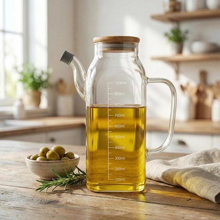 1000ml Bambu Kapaklı Cam Yağlık ve Sirkelik – Dayanıklı ve Şeffaf Sıvı &amp; Mutfak İçin Hassas Sıvı Ölçüm ve Saklama Çözümü 1000ml - Cam Sürahi Sıvı Ölçü Kabı