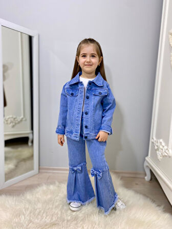 MODAVALS FİYONK DETAYLI İSPANYOL PAÇA KOT PANTOLON & KOT CEKET & BADİ KIZ ÇOCUK KOMBİN