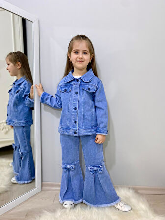 MODAVALS FİYONK DETAYLI İSPANYOL PAÇA KOT PANTOLON & KOT CEKET & BADİ KIZ ÇOCUK KOMBİN