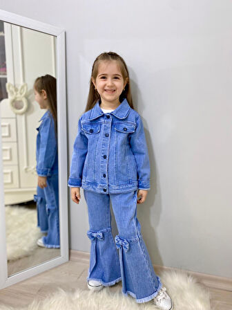 MODAVALS FİYONK DETAYLI İSPANYOL PAÇA KOT PANTOLON & KOT CEKET & BADİ KIZ ÇOCUK KOMBİN