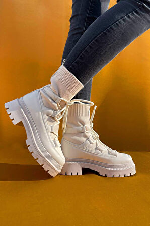 Yüksek Kalın Tabanlı Triko Detaylı Kışlık Postal Bot-Bej-40