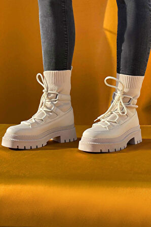 Yüksek Kalın Tabanlı Triko Detaylı Kışlık Postal Bot-Bej-40