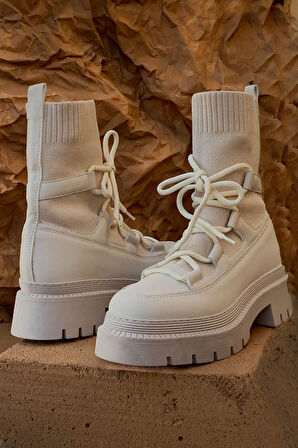 Yüksek Kalın Tabanlı Triko Detaylı Kışlık Postal Bot-Bej-40