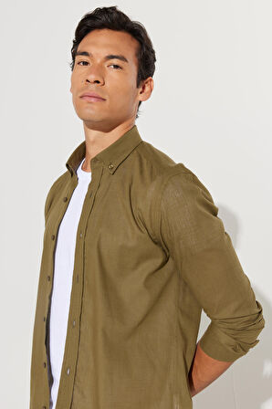 Erkek K.haki Tailored Slim Fit Oxford Düğmeli Yaka Keten Görünümlü %100 Pamuk Flamlı Gömlek