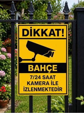 PVC Bahçe Kapı Uyarı Levhası, 25x35 cm, Sarı-Siyah, 7/24 Kamera ile İzlenmektedir İkaz Tabelası