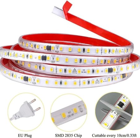 Sb-6508 LED Şerit, Beyaz ve Gün Işığı Şerit Led Işık 120 Led, Silikonlu 10 Cm Kesilebilir, Aç Kapat Butonlu Fişli, Tak Çalıştır Gizli Tavan Işık Bandı Mutfak Tezgah (Beyaz, 10 Metre)