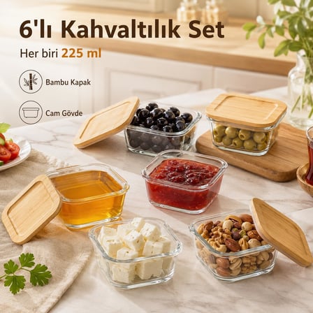6’lı Bambu Kapaklı Kare Cam Kahvaltılık Seti, Şeffaf Cam Saklama Kabı, Reçel Zeytin Peynir Kuruyemiş Baharat ve Atıştırmalık Sunum Kabı