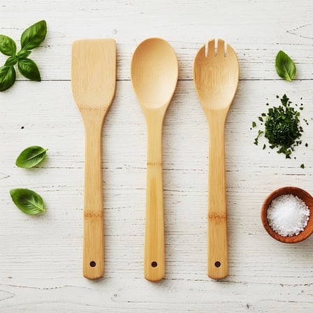 3'lü Bambu Mutfak Gereç Seti – Doğal Ahşap Spatula, Kaşık ve Servis Çatalı | Yapışmaz Tencere Dostu, Antibakteriyel ve Isıya Dayanıklı Ahşap Mutfak Seti (30 cm)