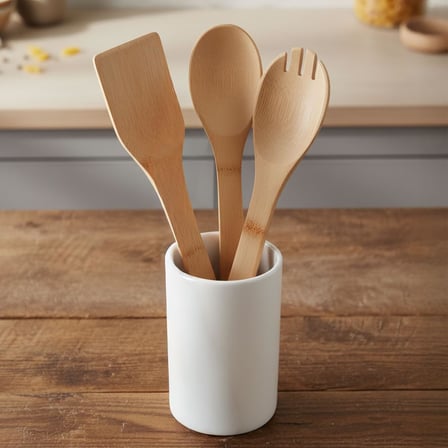 3'lü Bambu Mutfak Gereç Seti – Doğal Ahşap Spatula, Kaşık ve Servis Çatalı | Yapışmaz Tencere Dostu, Antibakteriyel ve Isıya Dayanıklı Ahşap Mutfak Seti (30 cm)