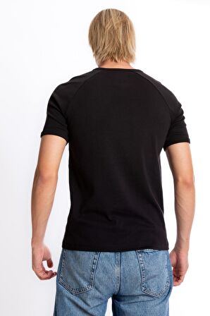 Erkek Siyah %100 Pamuk Bisiklet Yaka Ribana Reglan Kol Tişört S-201