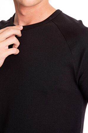 Erkek Siyah %100 Pamuk Bisiklet Yaka Ribana Reglan Kol Tişört S-201