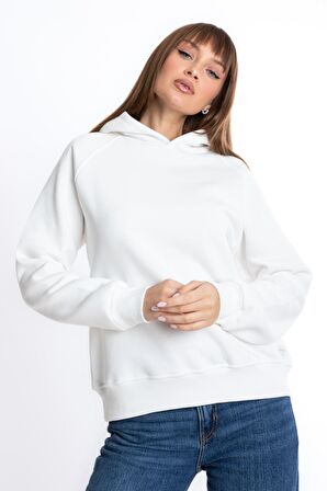 Kadın Ekru Kapüşonlu 3 Iplik Şardonsuz Polarsız Reglan Kol Sweatshirt S-104