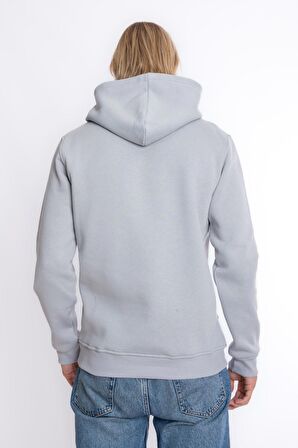 Erkek Gri Kapüşonlu Kanguru Cepli 3 Iplik Şardonlu Polarlı Sweatshirt S-204