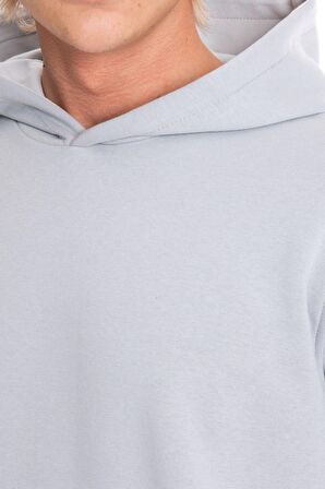 Erkek Gri Kapüşonlu Kanguru Cepli 3 Iplik Şardonlu Polarlı Sweatshirt S-204