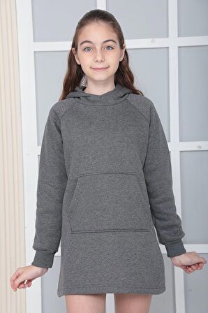 KIZ ÇOCUK ANTRASİT Kapüşonlu 3 iplik Şardonlu Polarlı Reglan Kol Elbise S-303ANTRA