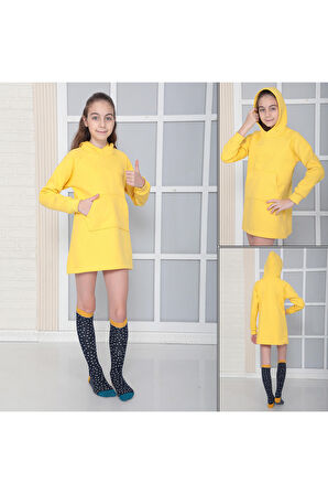 KIZ ÇOCUK SARI Kapüşonlu 3 iplik Şardonlu Polarlı Reglan Kol Elbise S-303SARI