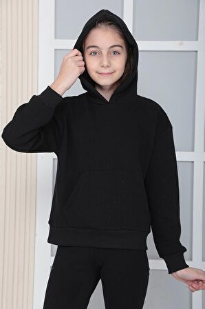 Kız Çocuk Siyah Baskısız Kapüşonlu 3 Iplik Şardonlu Polarlı Rahat Kesim Sweatshirt S302syh
