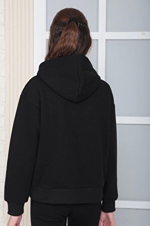 Kız Çocuk Siyah Baskısız Kapüşonlu 3 Iplik Şardonlu Polarlı Rahat Kesim Sweatshirt S302syh