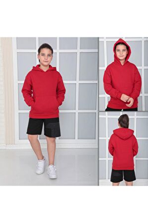 Erkek Çocuk Kırmızı Kapüşonlu 3 iplik Şardonlu Polarlı Rahat Kesim Sweatshirt S402KRM