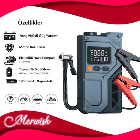 12000mAh Akü Takviye ve Lastik Şişirme Kompresörü – 4’ü 1 Arada Jump Starter, 150 PSI Dijital Hava Pompası, Powerbank, LED Fener, Taşınabilir Araç Akü Takviye Cihazı CS 70 Plus Max
