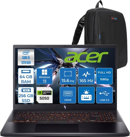Acer Nitro V 15 ANV15 Intel®core™ I5 13420H 64GB 256GB SSD RTX5050/8GB 75W 15.6 Inç 165Hz Fhd 1920X1080 IPS  WIN11PRO Gaming Bilgisayar NHQZ7EY003P21+ZETTAÇANTA