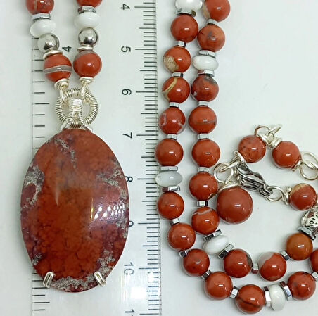 2491 Yosunlu Akik Jasper Sedef Hematit el yapımı kolye