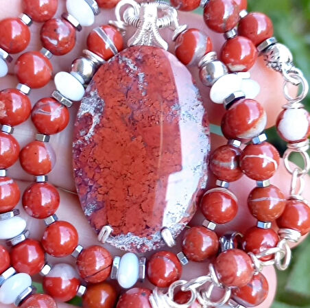 2491 Yosunlu Akik Jasper Sedef Hematit el yapımı kolye