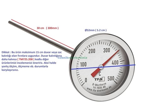 TeknikMarketiniz Ø52mm 0/500 C° 30 cm Dalma Boylu Fırın Termometresi, 30 cm Problu 500 Derece Bahçe,Pizza,Pide,Ekmek,Köy,Kara/Taş Fırın Isı Gösterge Saati TFA Dostmann TM832.14.1035.60