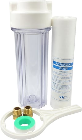 Sediment Filtre Housing Seti | 10” Şeffaf Kap + 5 Mikron PP Filtre + Anahtar + Pirinç Bağlantı + Teflon Bant| Şebeke Suyu Ön Filtreleme (1)