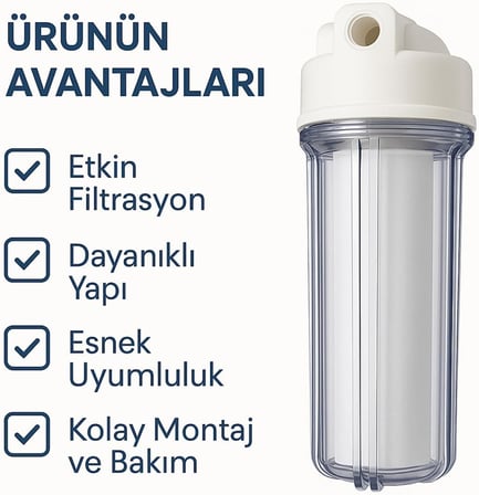Sediment Filtre Housing Seti | 10” Şeffaf Kap + 5 Mikron PP Filtre + Anahtar + Pirinç Bağlantı + Teflon Bant| Şebeke Suyu Ön Filtreleme (1)