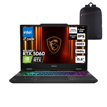 MSI CYBORG 15 i7-240H 64-GBDDR5 4 TBSSD RTX5060 (8GB-GDDR7) 15.6" FHD 144Hz Freedos + HMF Sırt Çantası B2RWFKG-208XTRHMF13