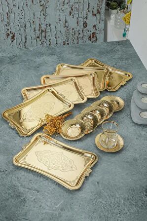 6 Adet Gold Dekoratif Metal Sunum Tepisisi Tek Kişilik Sunum Tepsisi 25 x 17 cm