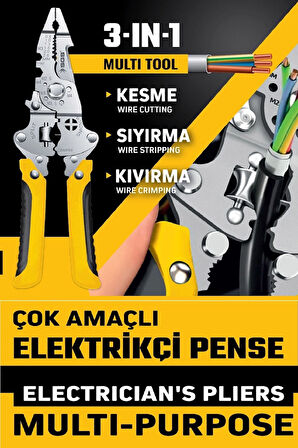 3’ü 1 Arada Çok Amaçlı Elektrikçi Pensesi Kesme-Sıyırma-Kıvırma