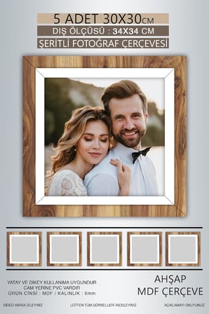 yhfoto 5 Adet 30x30 Çerçeve Ahşap Beyaz Şeritli Fotoğraf Mdf Çerçeve Kare Çerçeve Kahverengi 30 x 30
