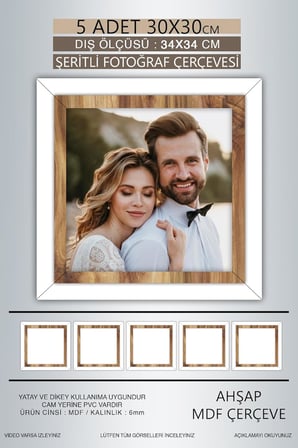 yhfoto 5 Adet 30x30 Çerçeve Ahşap Beyaz Şeritli Fotoğraf Mdf Çerçeve Kare Çerçeve Kahverengi 30 x 30
