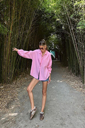 Pembe - Çizgili Uzun Kol Gömlek