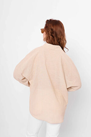 Bej - Balon Kollu Çizgili Gömlek
