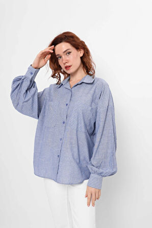 Mavi - Balon Kollu Çizgili Gömlek