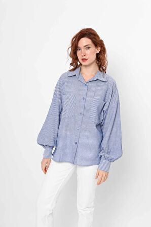 Mavi - Balon Kollu Çizgili Gömlek